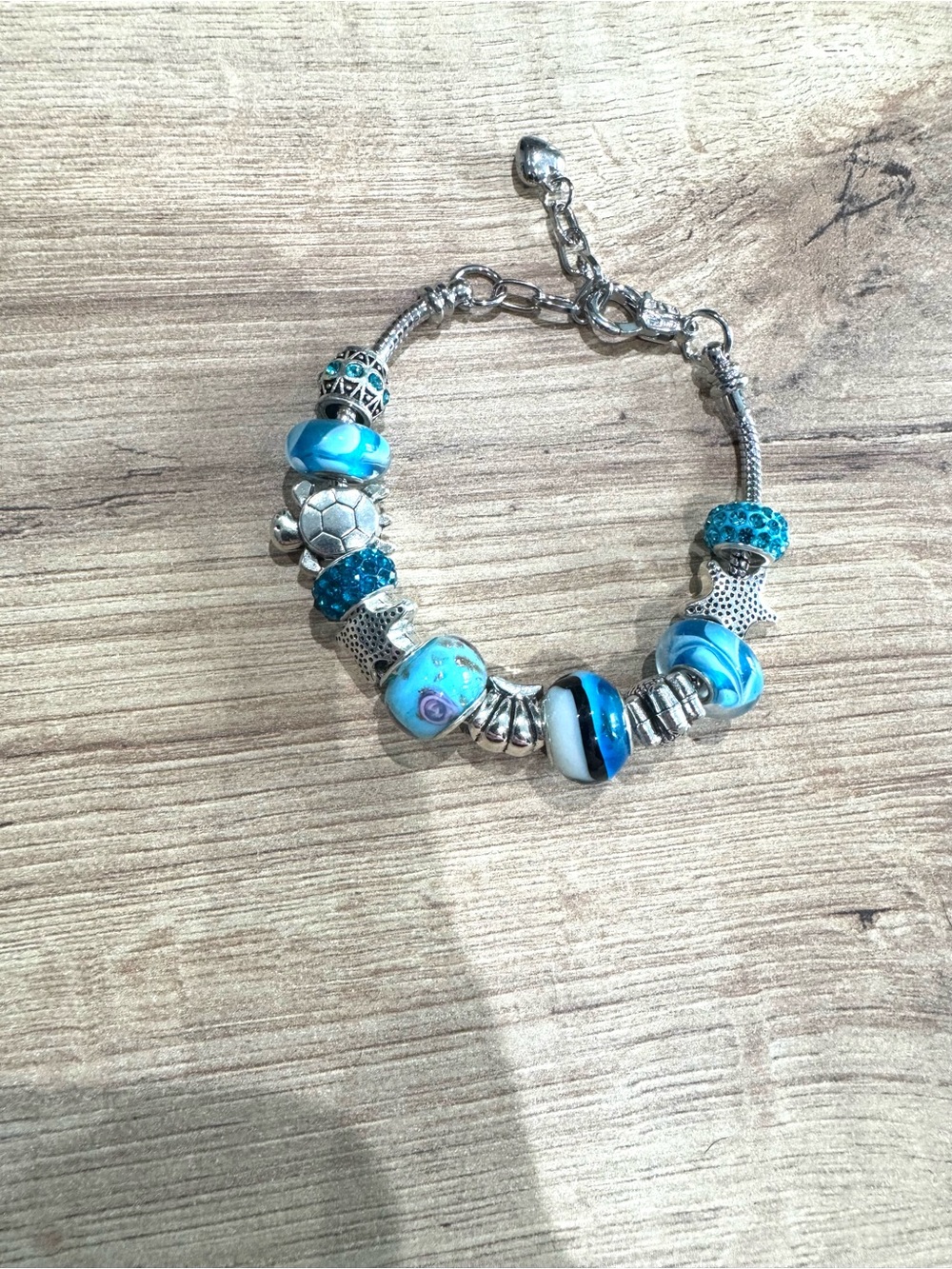 Blue Charm Bracelet with Turquoise Glass Beads. NWOT
